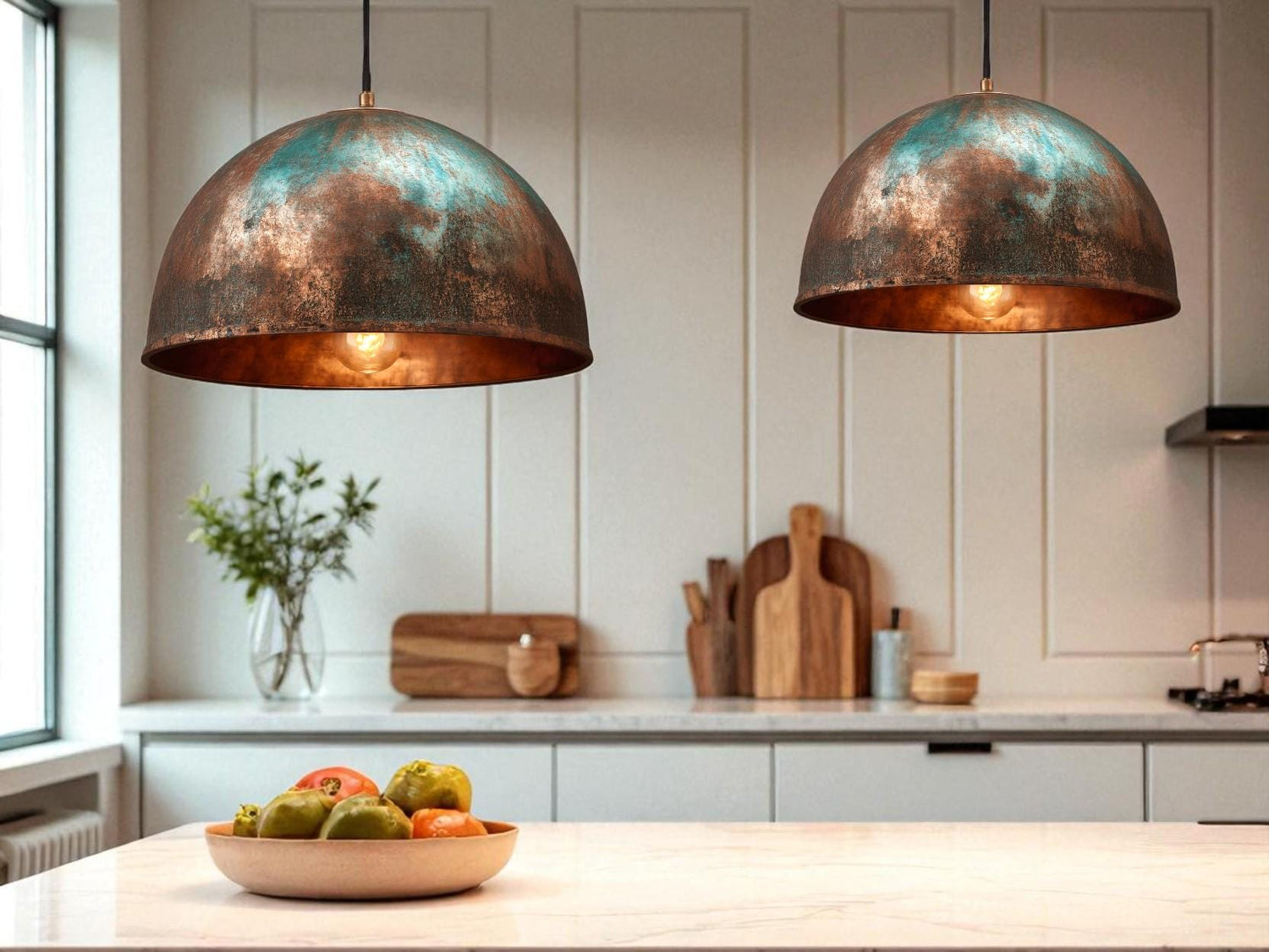 Handmade Green Patina Copper Pendant Light: Rustic Dome Lamp