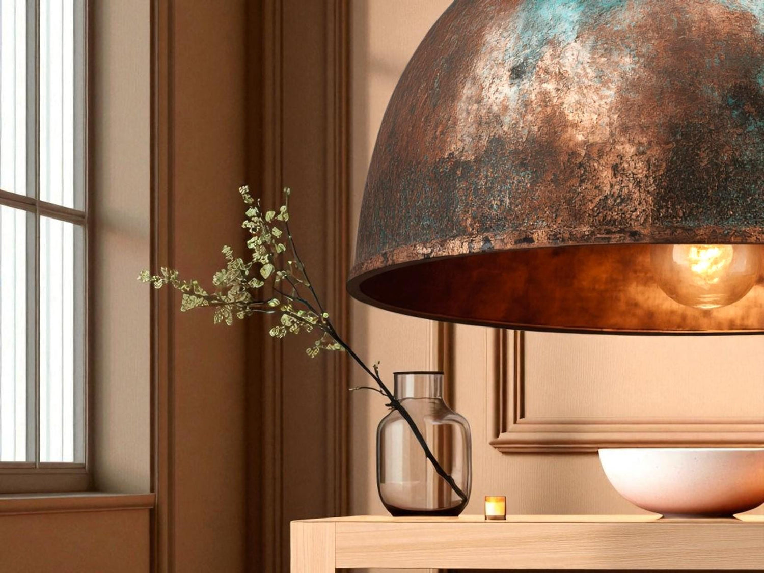 Handmade Green Patina Copper Pendant Light: Rustic Dome Lamp