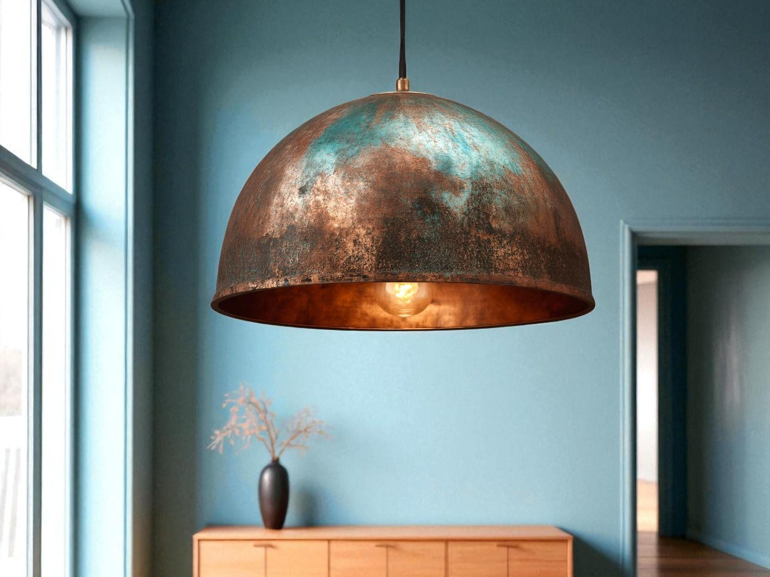 Handmade Green Patina Copper Pendant Light: Rustic Dome Lamp
