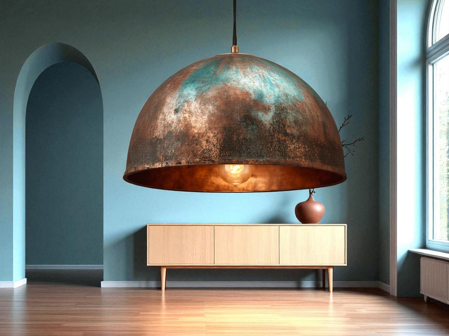 Handmade Green Patina Copper Pendant Light: Rustic Dome Lamp