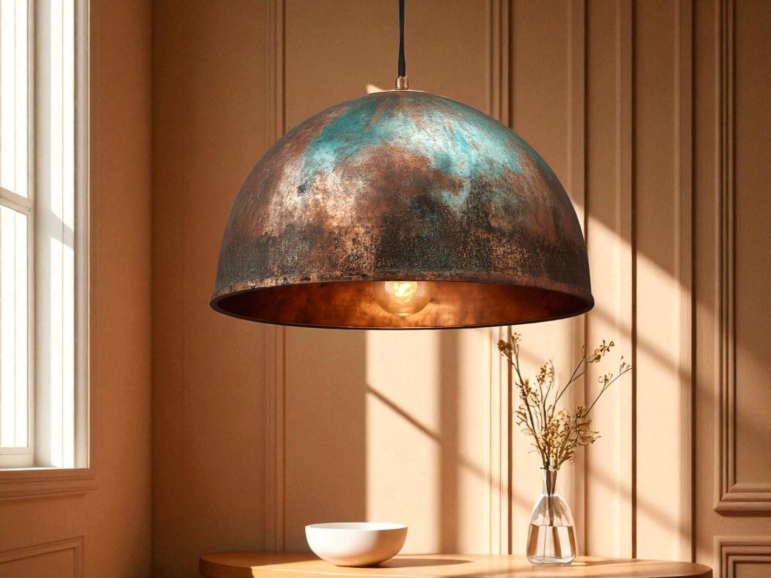 Handmade Green Patina Copper Pendant Light: Rustic Dome Lamp