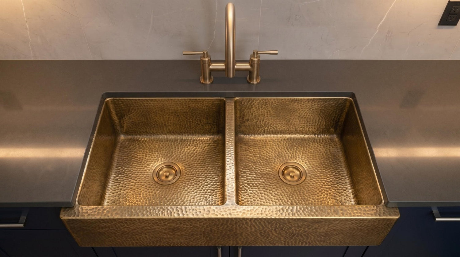 Handmade Hammered Brass Farmhouse Sink - Double Bowl Kitchen Apron Front Sink - Antique Brass Kitchen Fixture - Luxury Custom Brass Basin