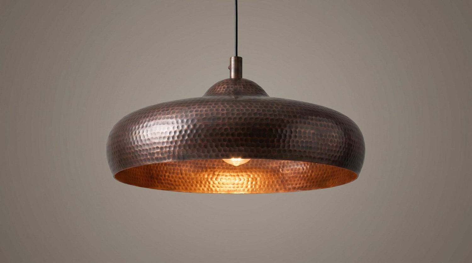 Handmade Hammered Copper Dome Pendant Light | Antique Dark Oxidized Exterior | Rustic Kitchen Island Lamp | Industrial Chandelier
