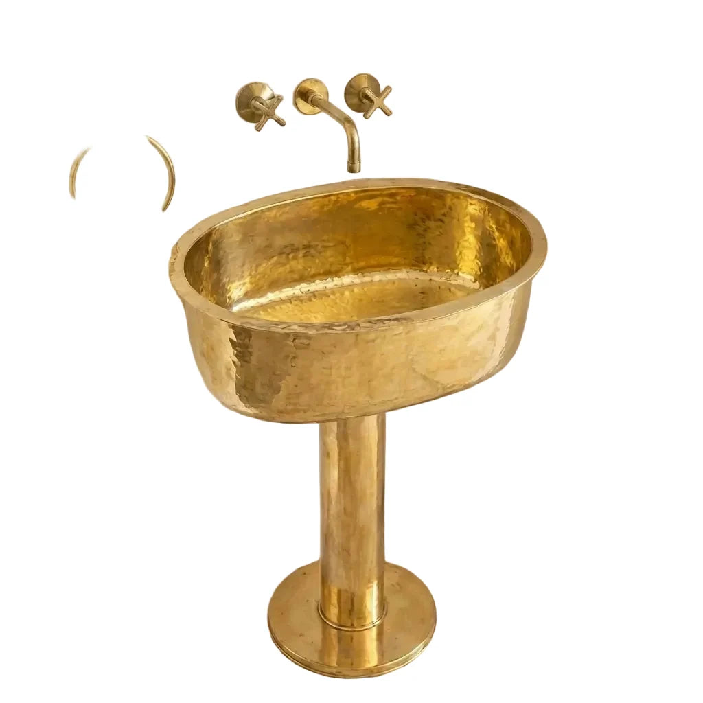 Handmade Hammered Unlacquered Brass Pedestal Sink – Wall-Mounted Vintage Bathroom Basin