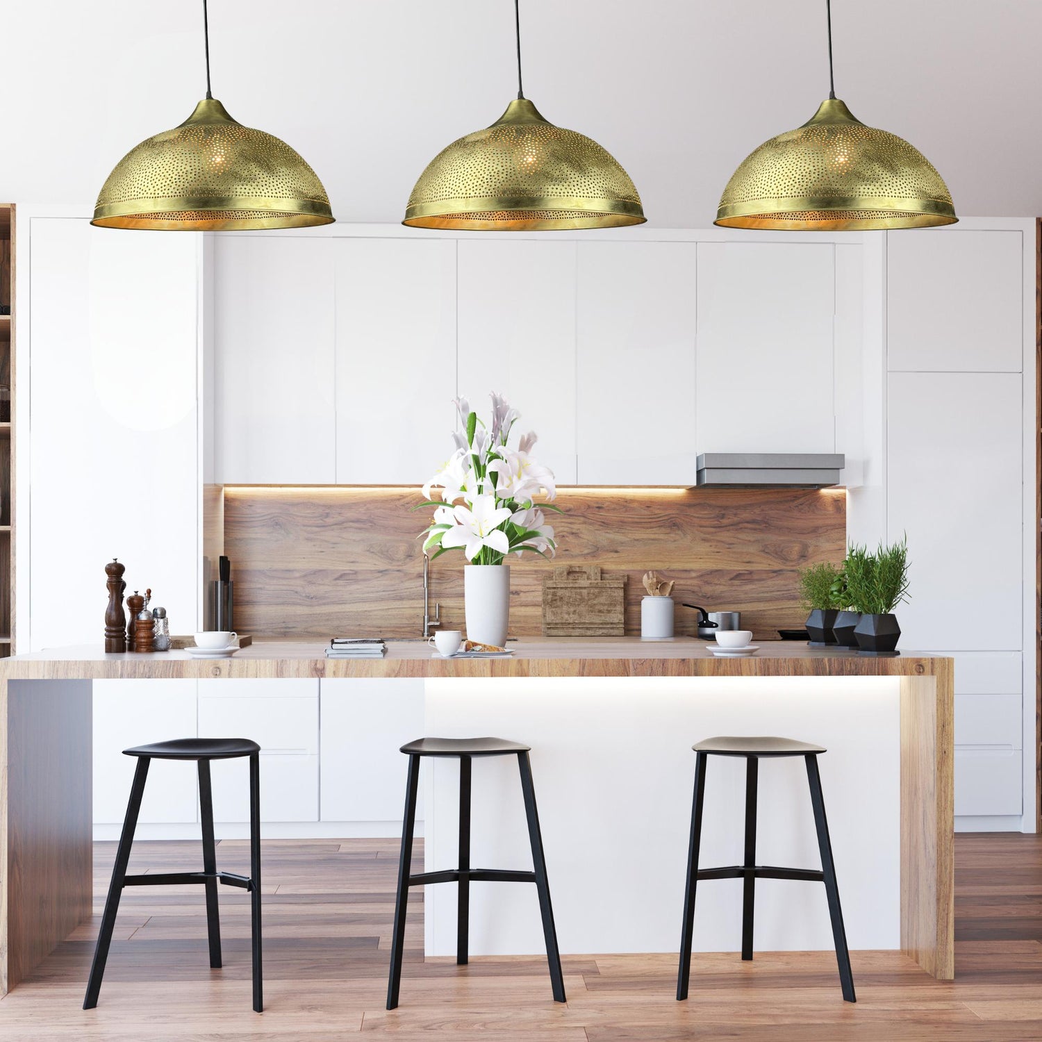 Handmade Moroccan Brass Pendant Light: Perforated Dome Ceiling Lamp