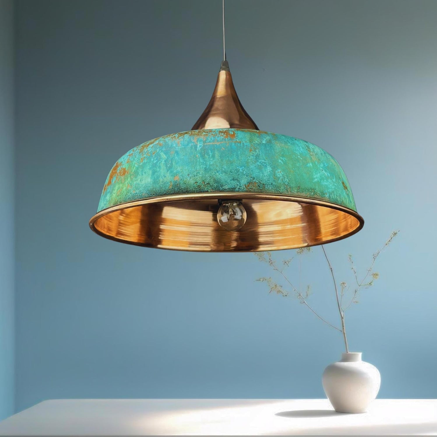 Handmade Oxidized Copper Pendant Light: Green Patina Dome Lamp