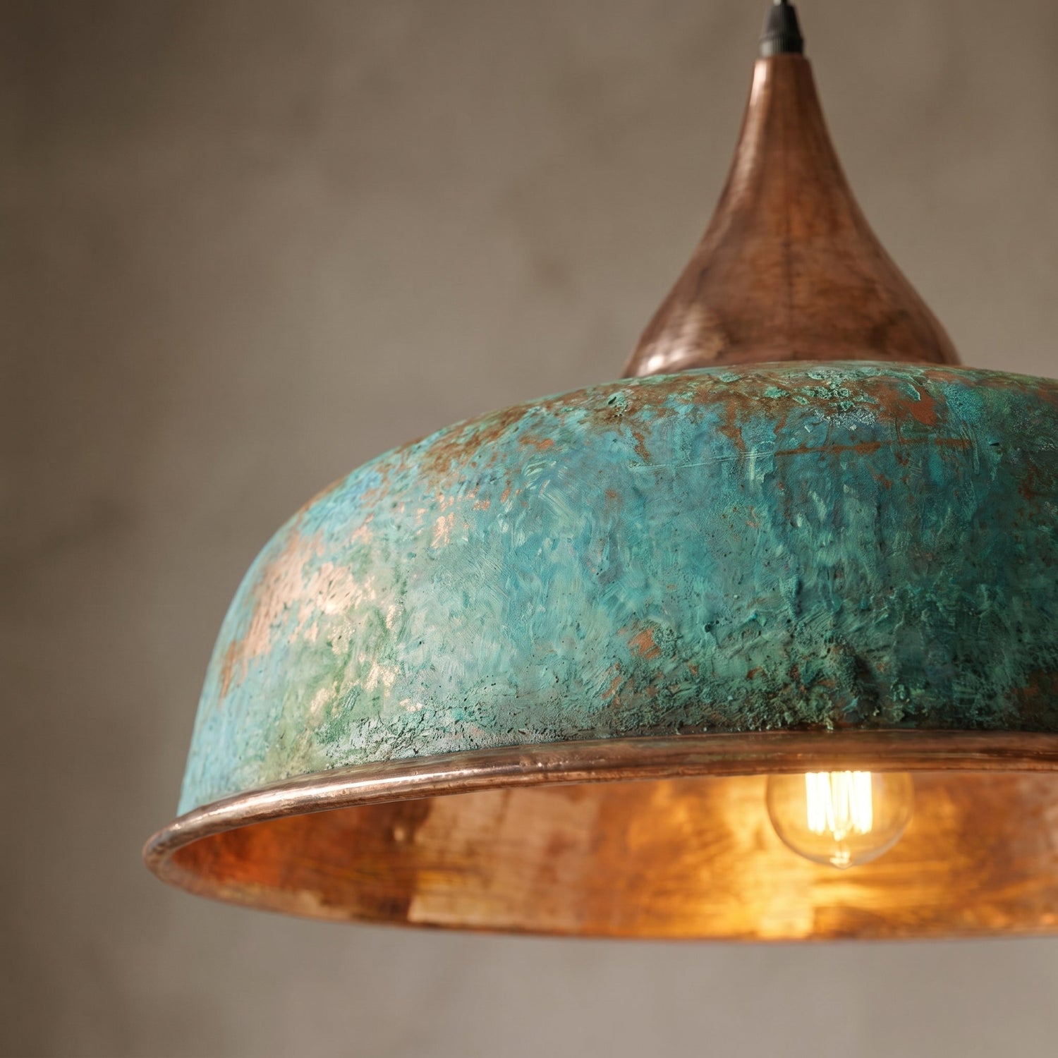 Handmade Oxidized Copper Pendant Light - Green Patina Dome Lamp