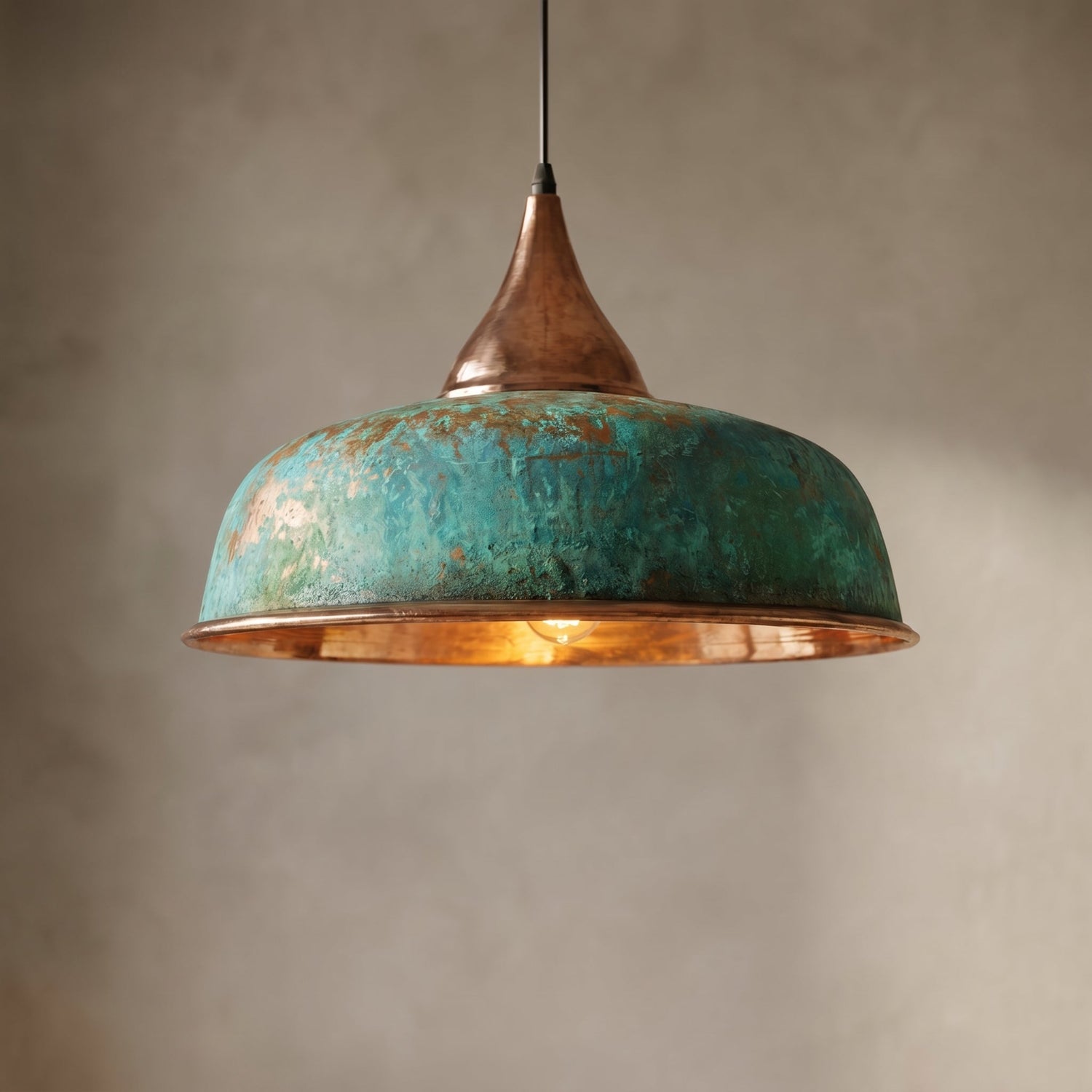 Handmade Oxidized Copper Pendant Light - Green Patina Dome Lamp