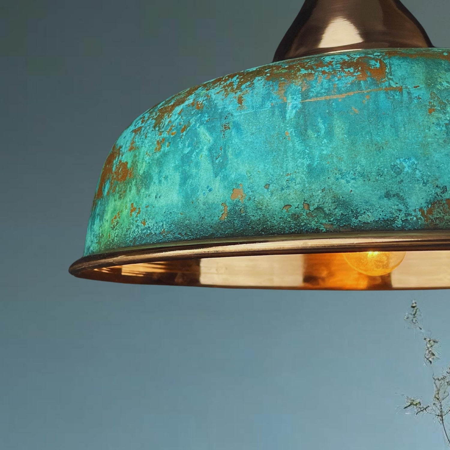Handmade Oxidized Copper Pendant Light: Green Patina Dome Lamp