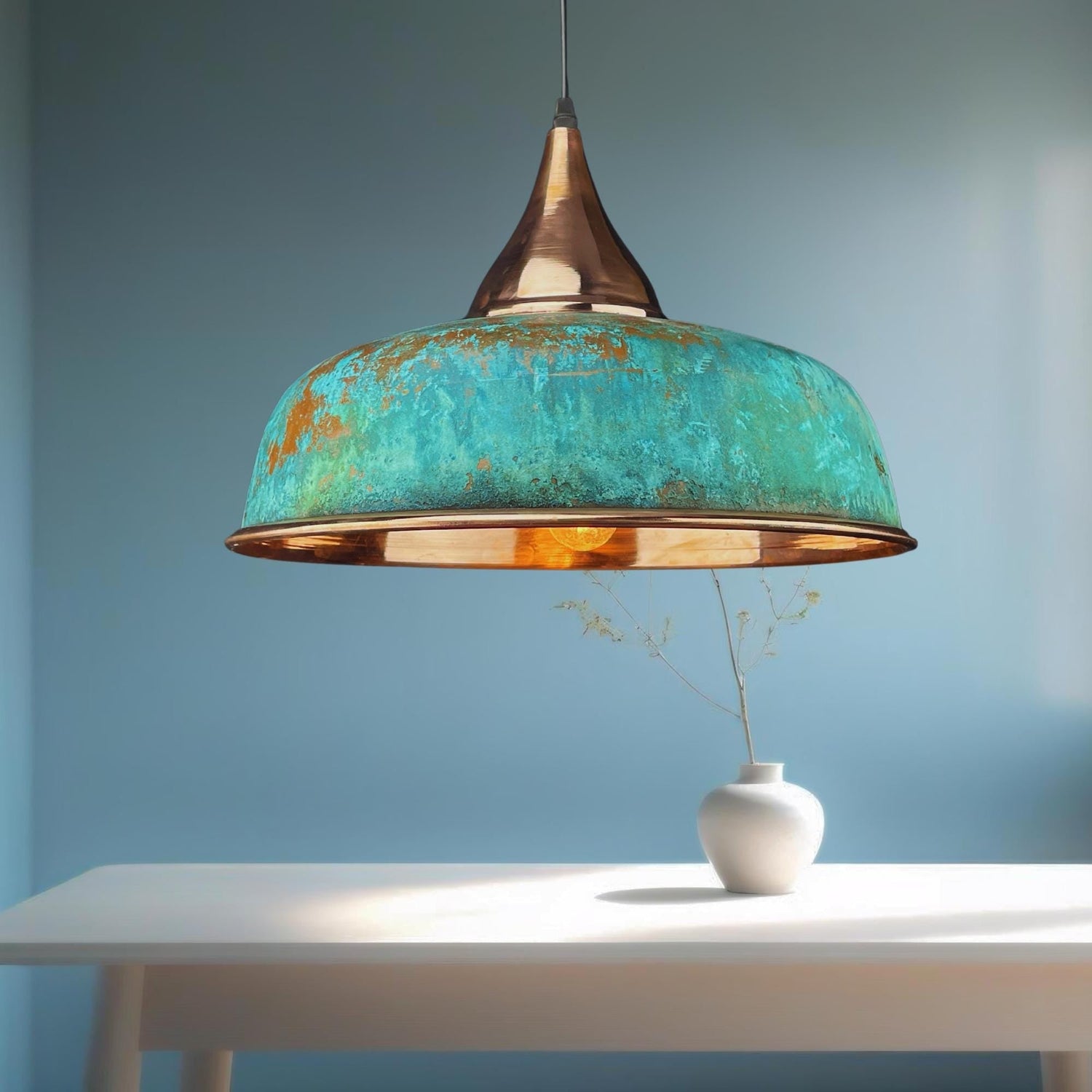 Handmade Oxidized Copper Pendant Light: Green Patina Dome Lamp