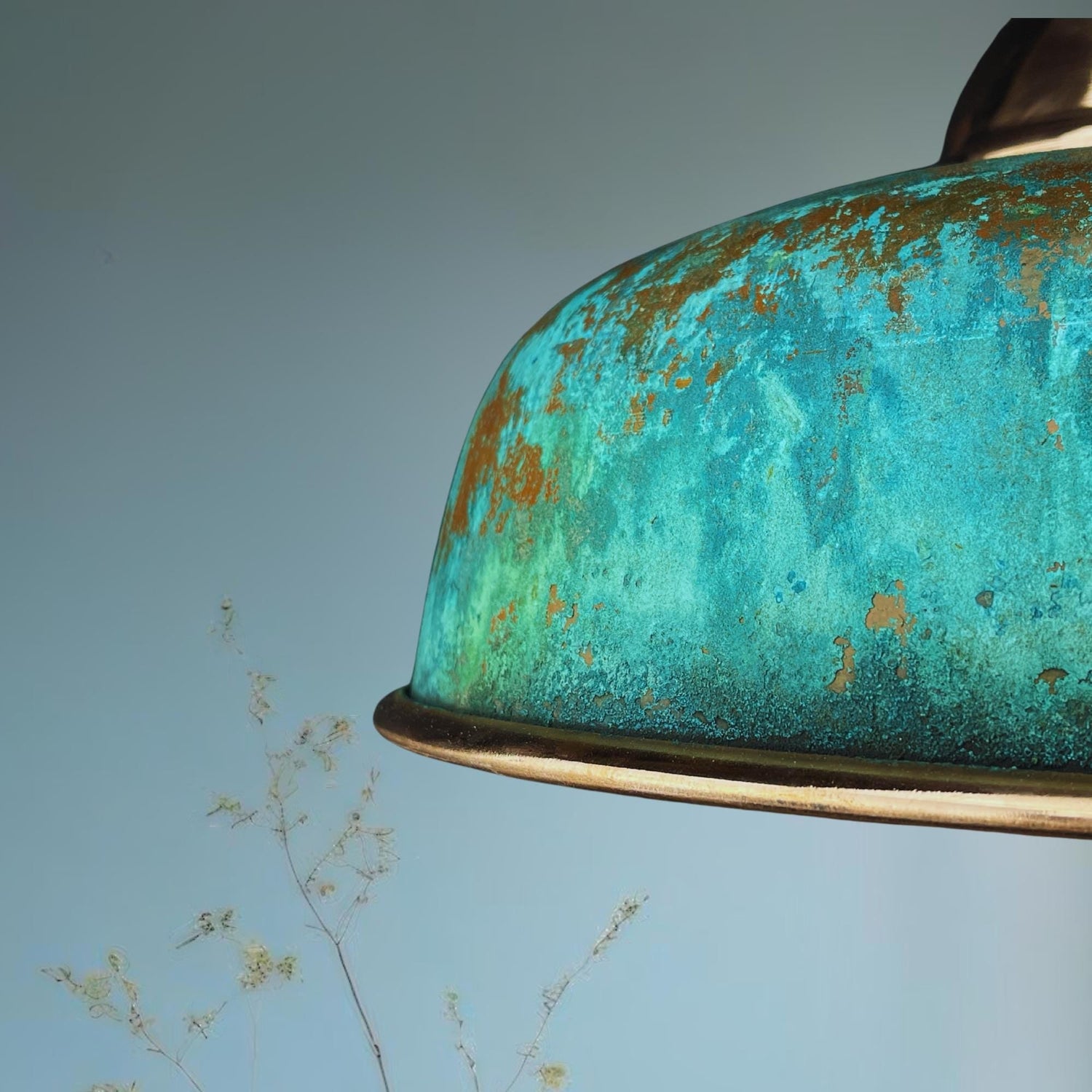 Handmade Oxidized Copper Pendant Light: Green Patina Dome Lamp