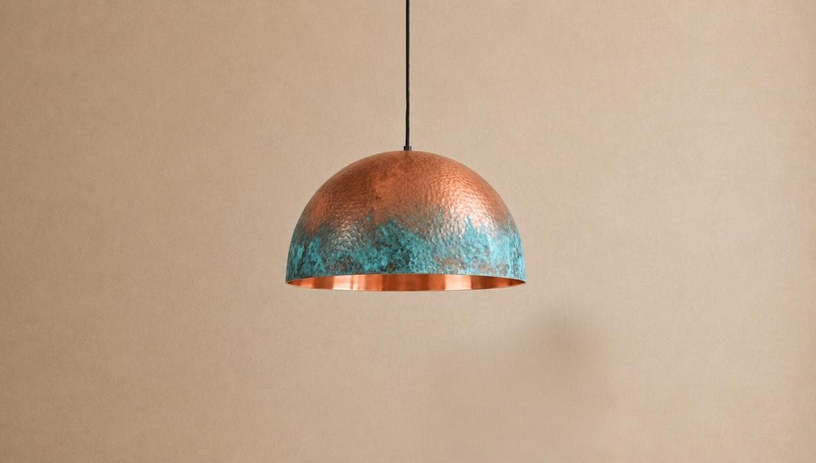 Handmade Oxidized Copper Pendant Light: Green Patina pendant  Dome lamp Copper