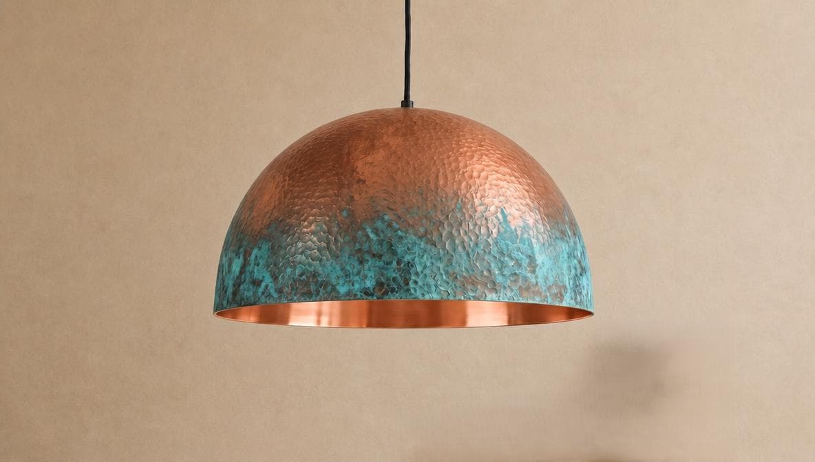 Handmade Oxidized Copper Pendant Light: Green Patina pendant  Dome lamp Copper