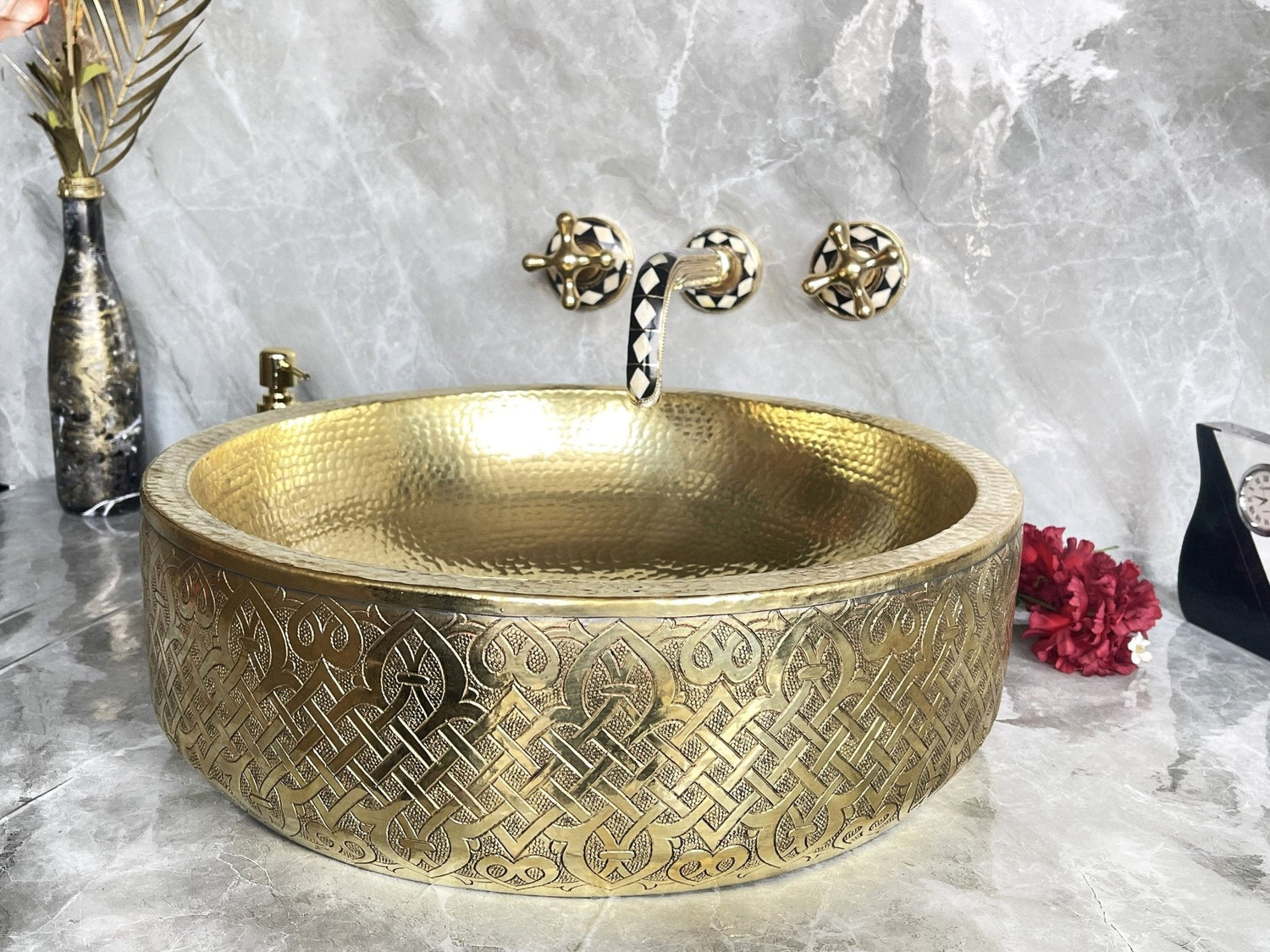 Handmade Round Brass Drop-In Sink - Fish Scale Design Bathroom Basin