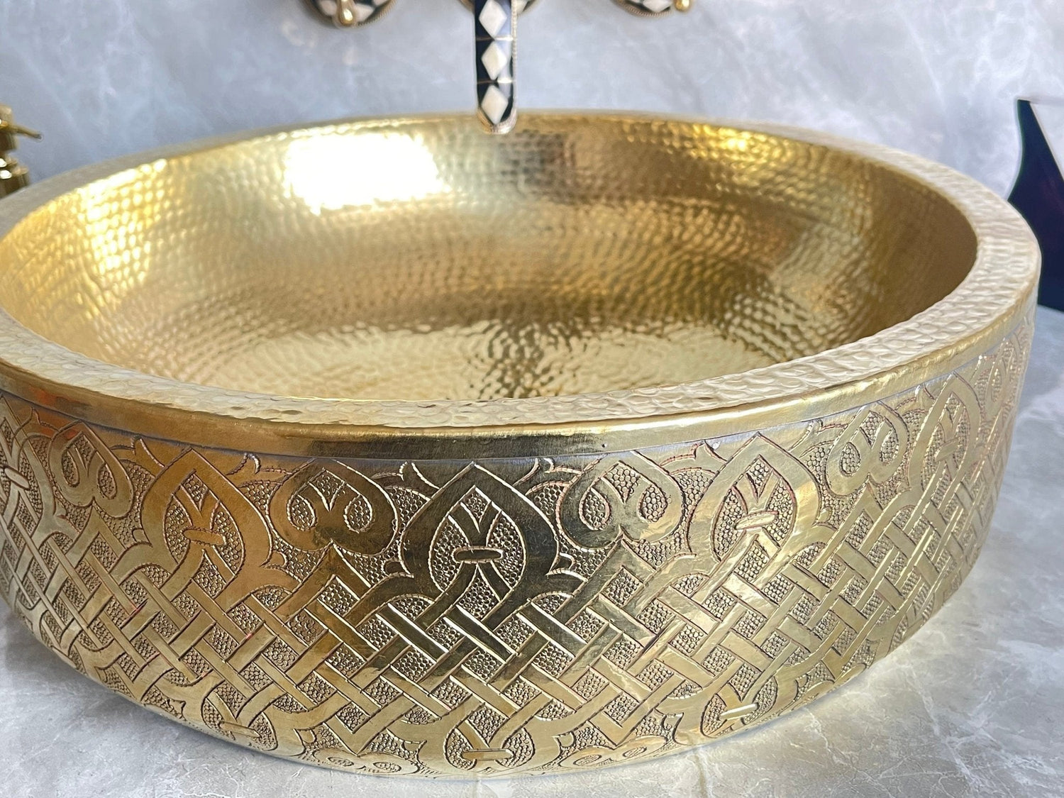 Handmade Round Brass Drop-In Sink - Fish Scale Design Bathroom Basin