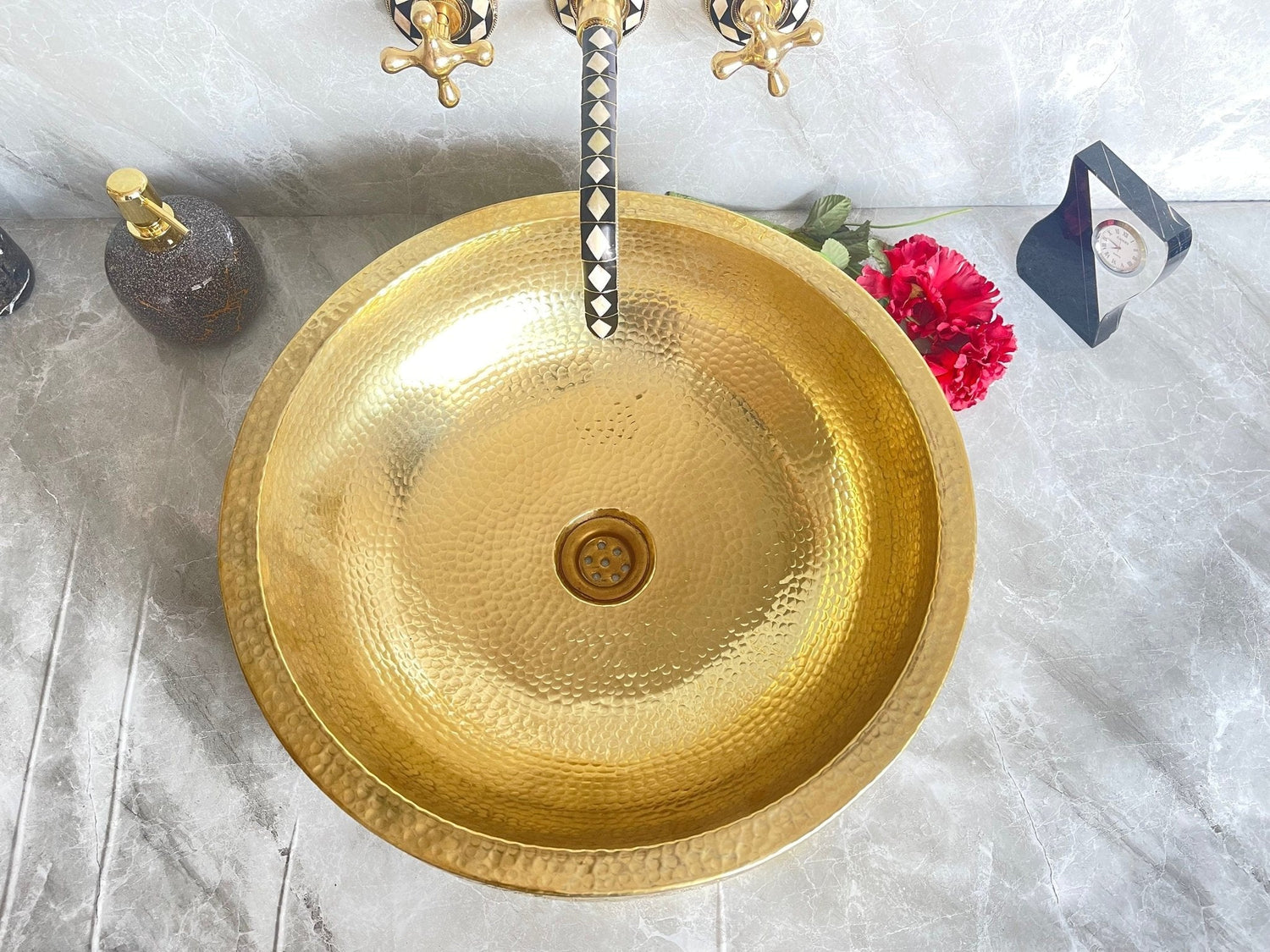 Handmade Round Brass Drop-In Sink - Fish Scale Design Bathroom Basin