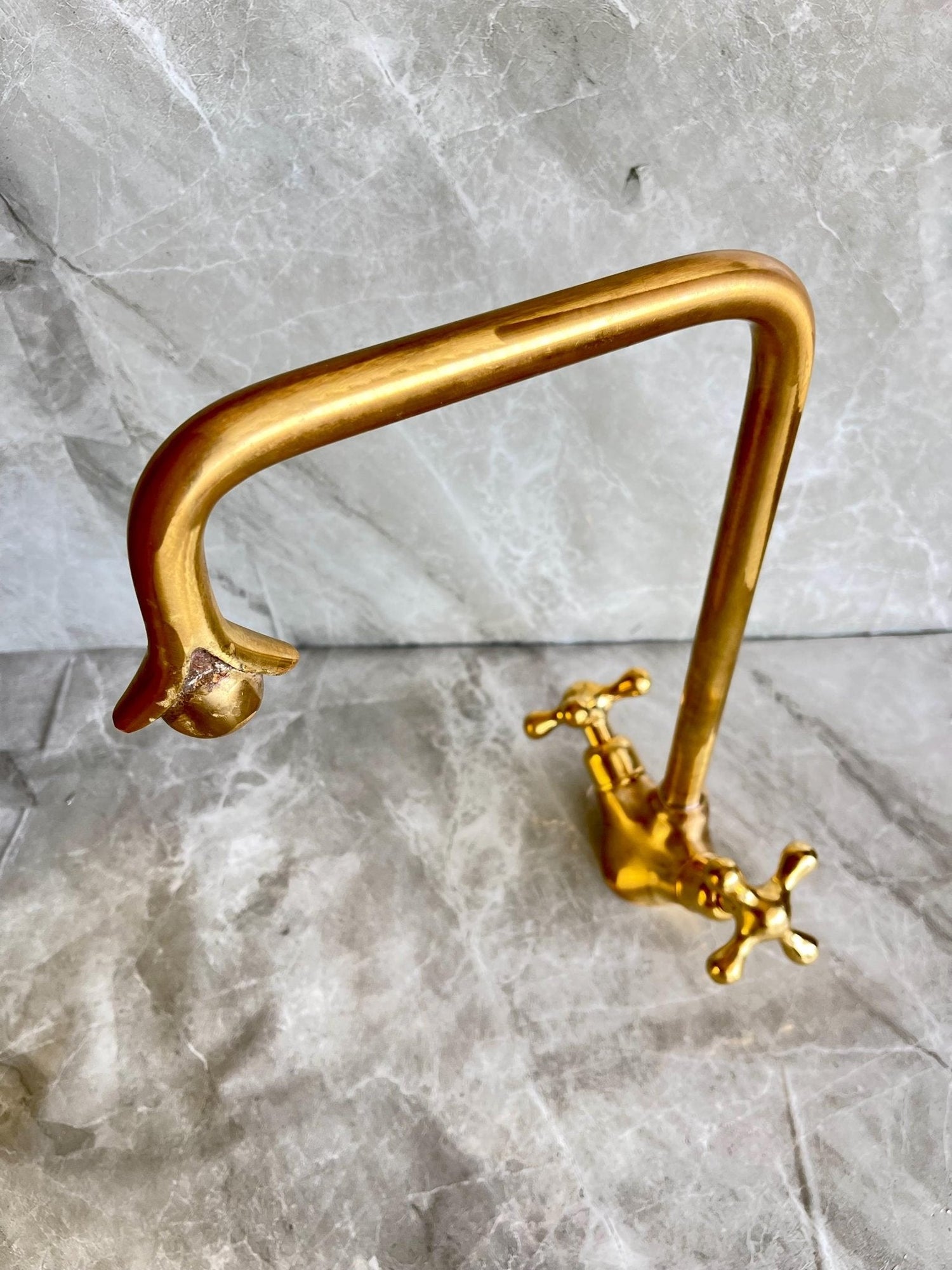 Handmade Solid Brass Square Faucet - Single Hole Cross Handle Tap
