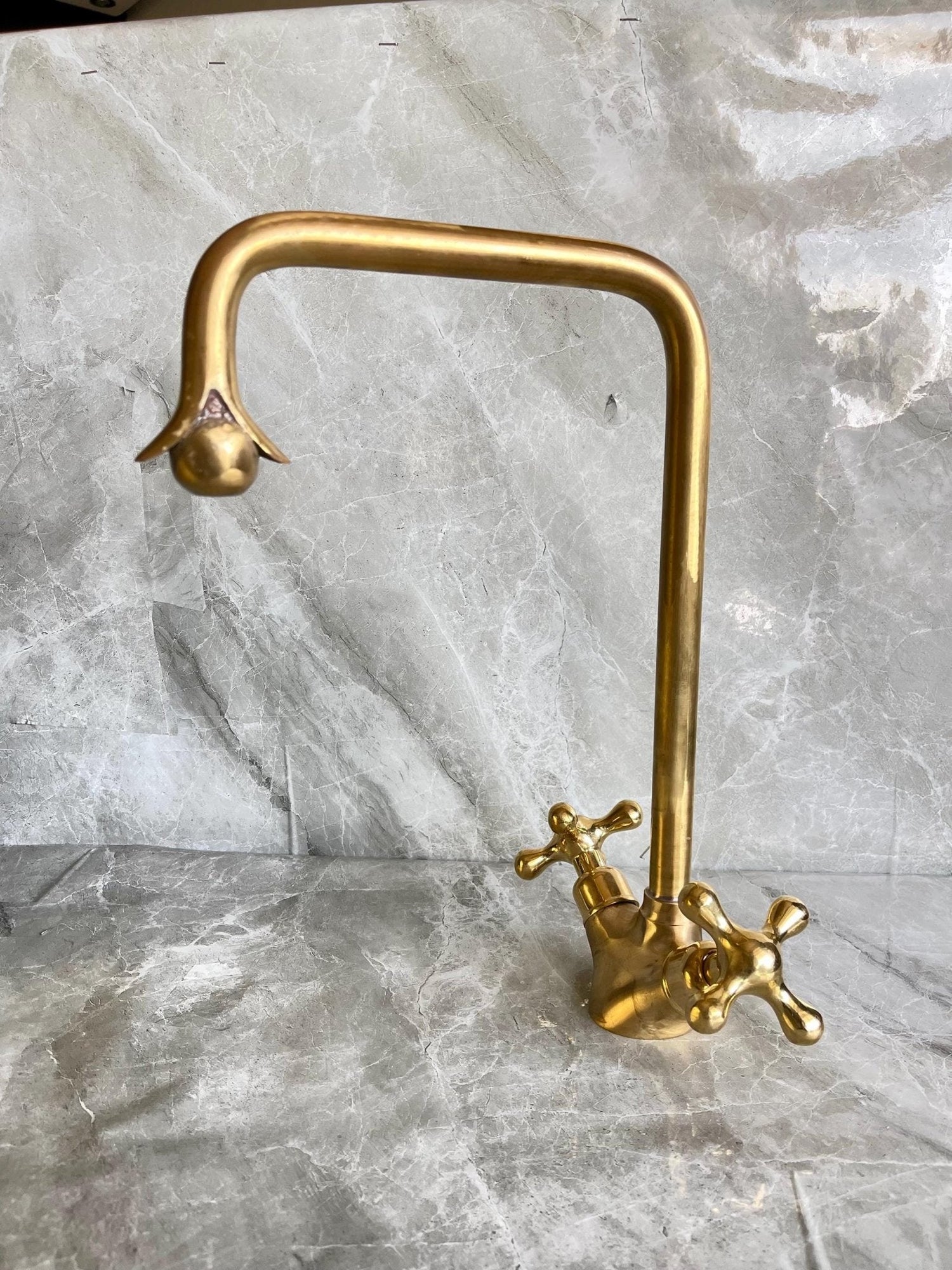 Handmade Solid Brass Square Faucet - Single Hole Cross Handle Tap