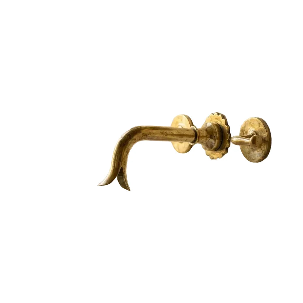 Handmade Unlacquered Brass Wall Basin Faucet – Vintage 3-Hole Design