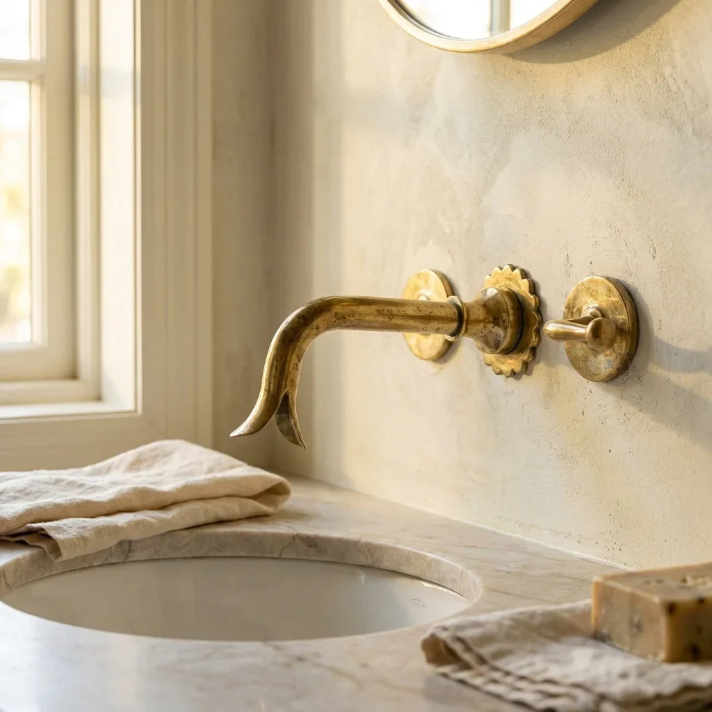 Handmade Unlacquered Brass Wall Basin Faucet – Vintage 3-Hole Design
