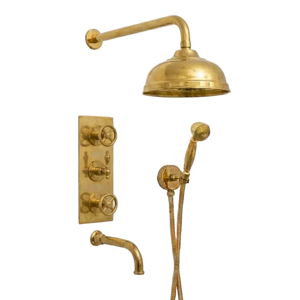 Heritage Unlacquered Brass Wall-Mount Shower System with Rain Head & Handheld