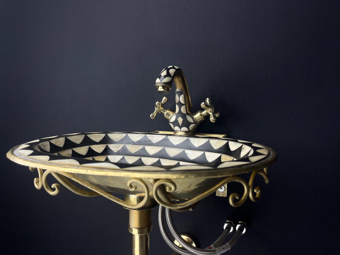 Geometric Bone Inlay Brass Sink Set - Unlacquered Brass & Black Resin