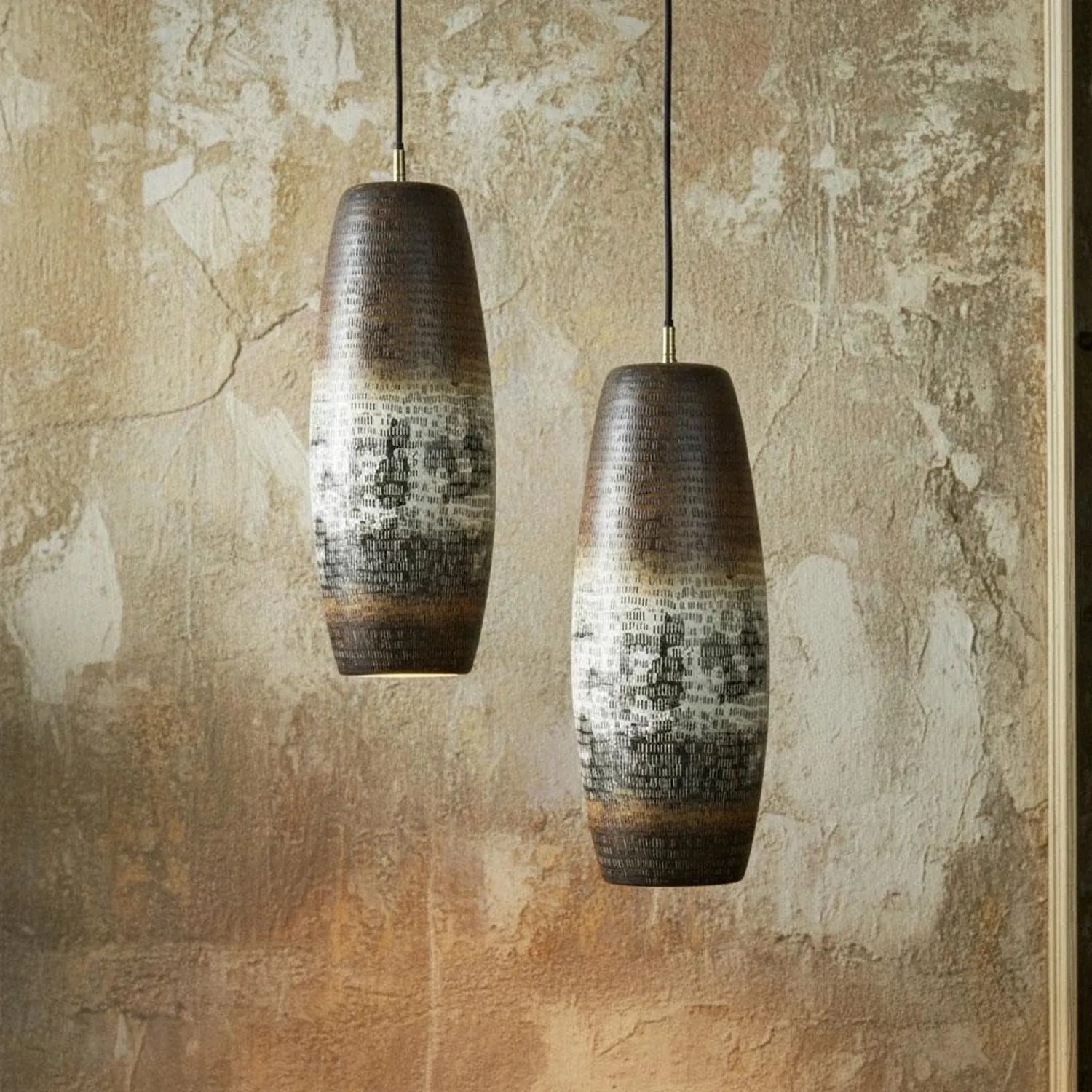 Set of 2 Patina Copper Cylinder Pendants – Handmade Rustic Lights