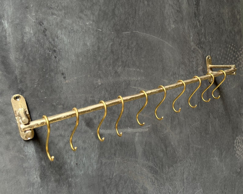 Unlacquered Brass Wall Mounted Pot Rack, Hanging Kitchen Rail, Hanging Pan Holder With Hooks