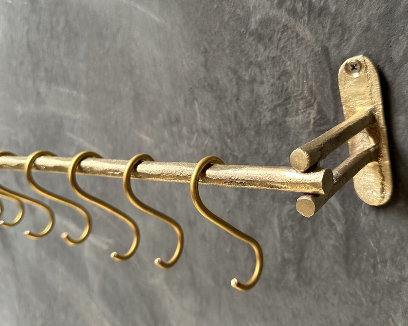Unlacquered Brass Wall Mounted Pot Rack, Hanging Kitchen Rail, Hanging Pan Holder With Hooks