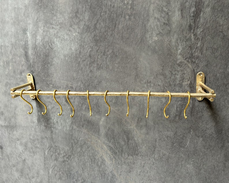 Unlacquered Brass Wall Mounted Pot Rack, Hanging Kitchen Rail, Hanging Pan Holder With Hooks