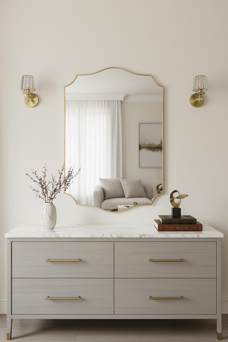 Scalloped Brass Wall Mirror | Curved Edge Bathroom Vanity