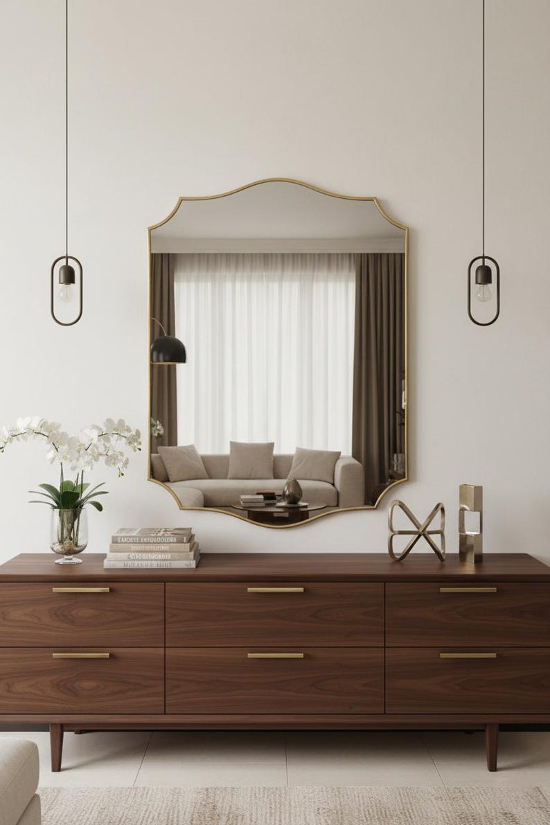 Scalloped Brass Wall Mirror | Curved Edge Bathroom Vanity