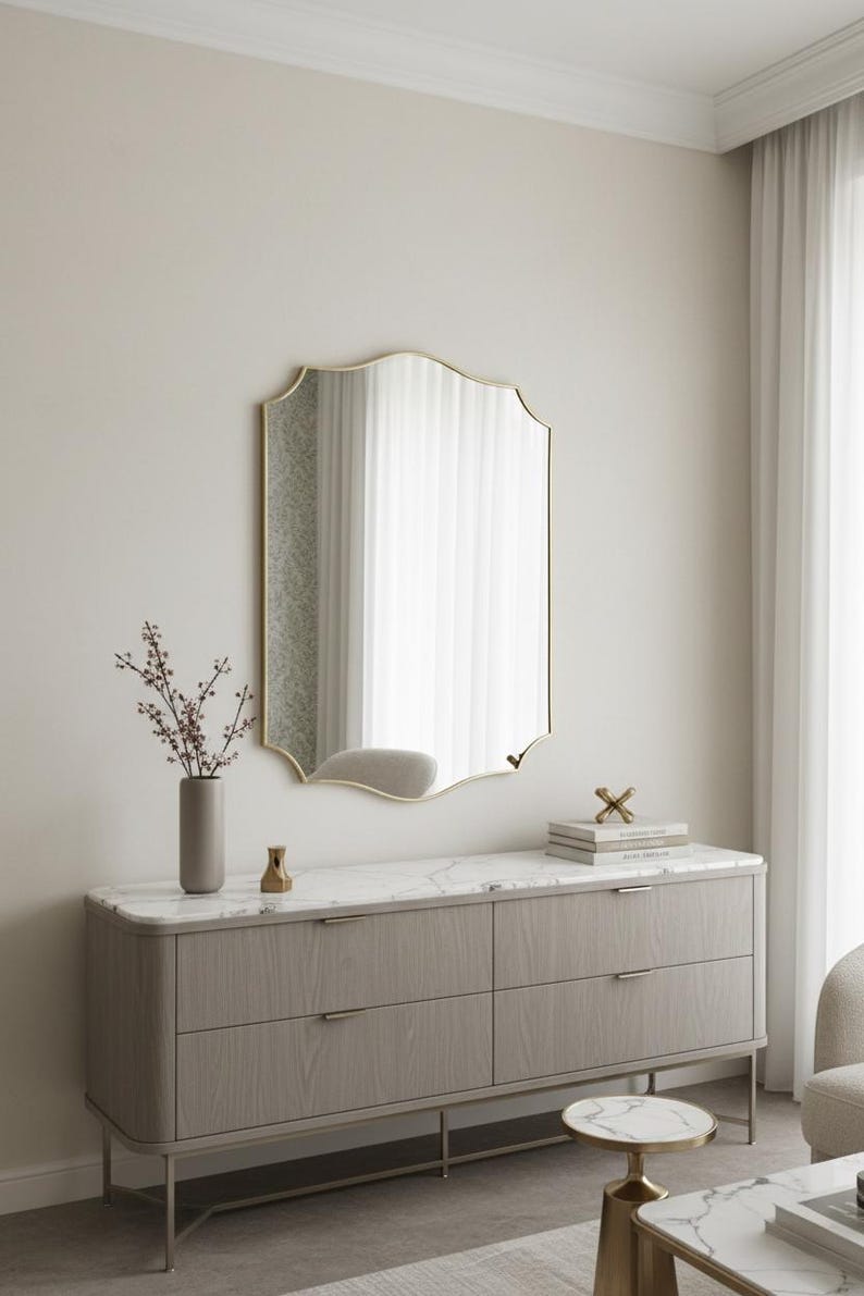 Scalloped Brass Wall Mirror | Curved Edge Bathroom Vanity