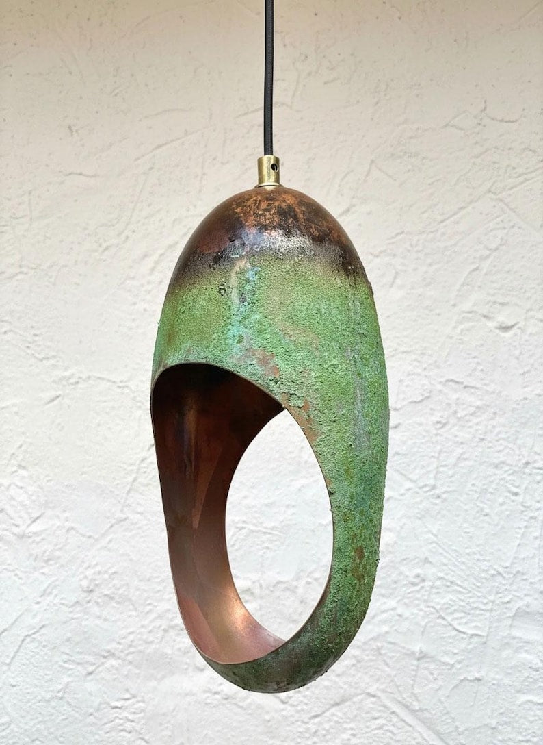 Set of 2 Green Patina Copper Pendants – Handmade Sculptural Island Lights