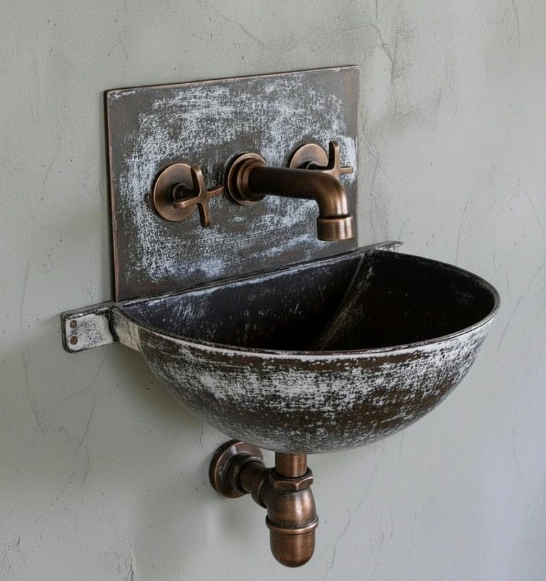 Aged Copper Wall Sink – White Patina Half Bowl Bathroom Basin with Faucet