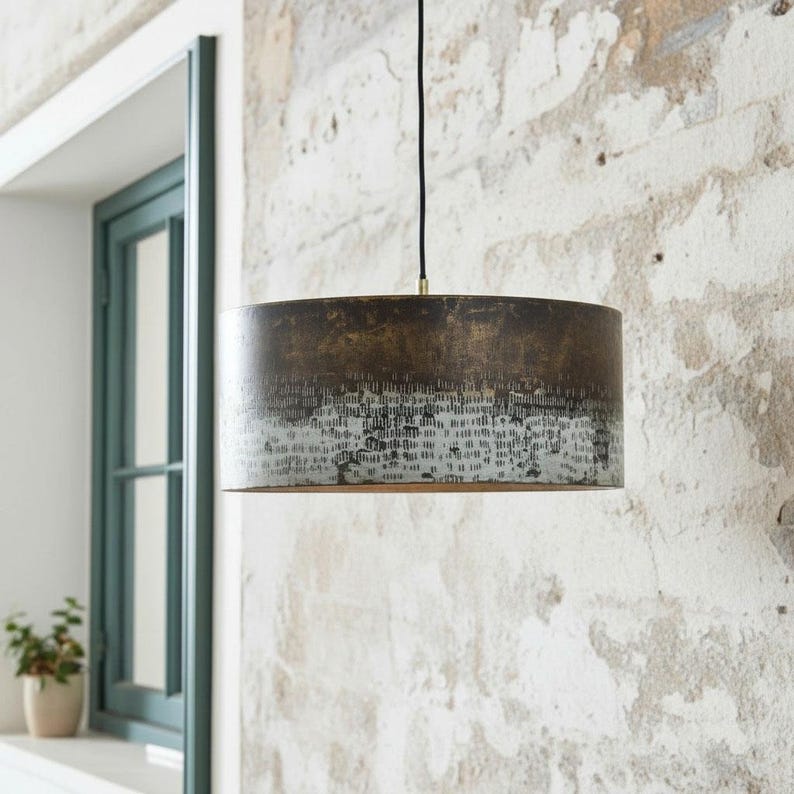 Oxidized Copper Drum Pendant – Handmade Patina Ceiling Light