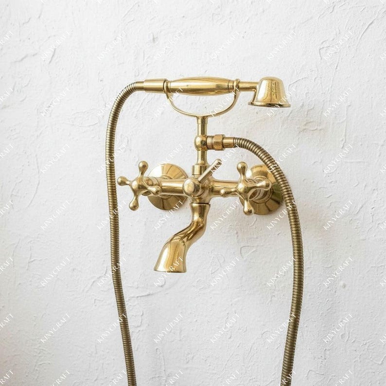 Vintage Unlacquered Brass Tub Faucet with Hand Shower – Wall Mount