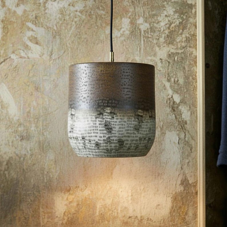 Oxidized Copper Drum Pendant – Handmade Textured Modern Ceiling Light