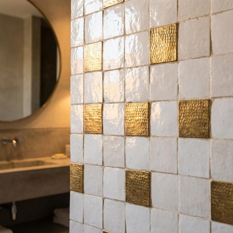 Hammered Brass Mosaic Tile – Unlacquered Metal Backsplash Square