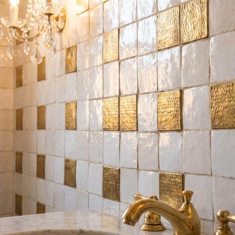 Hammered Brass Mosaic Tile – Unlacquered Metal Backsplash Square
