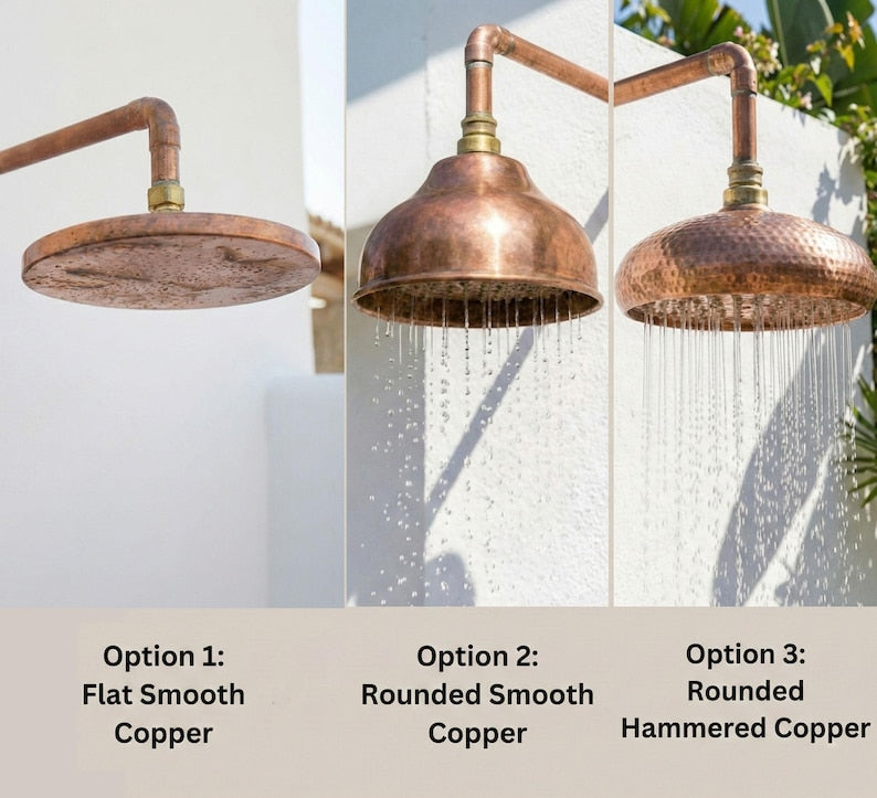 Handcrafted Outdoor Copper Rain Shower – Wall-Mounted Rustic Shower with Cross Handles