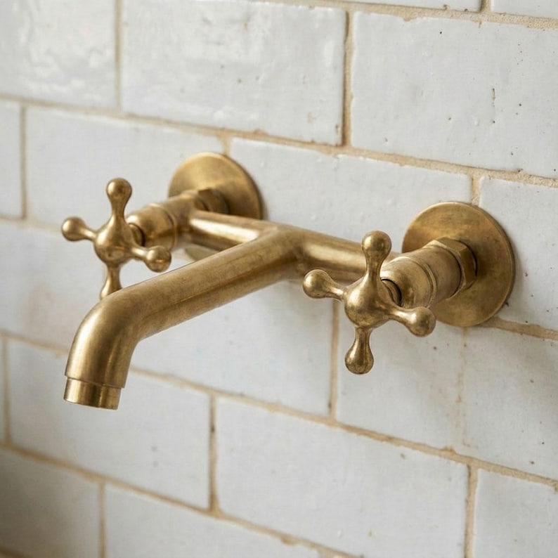Unlacquered Brass Wall Faucet – Vintage Double-Handle Sink Tap
