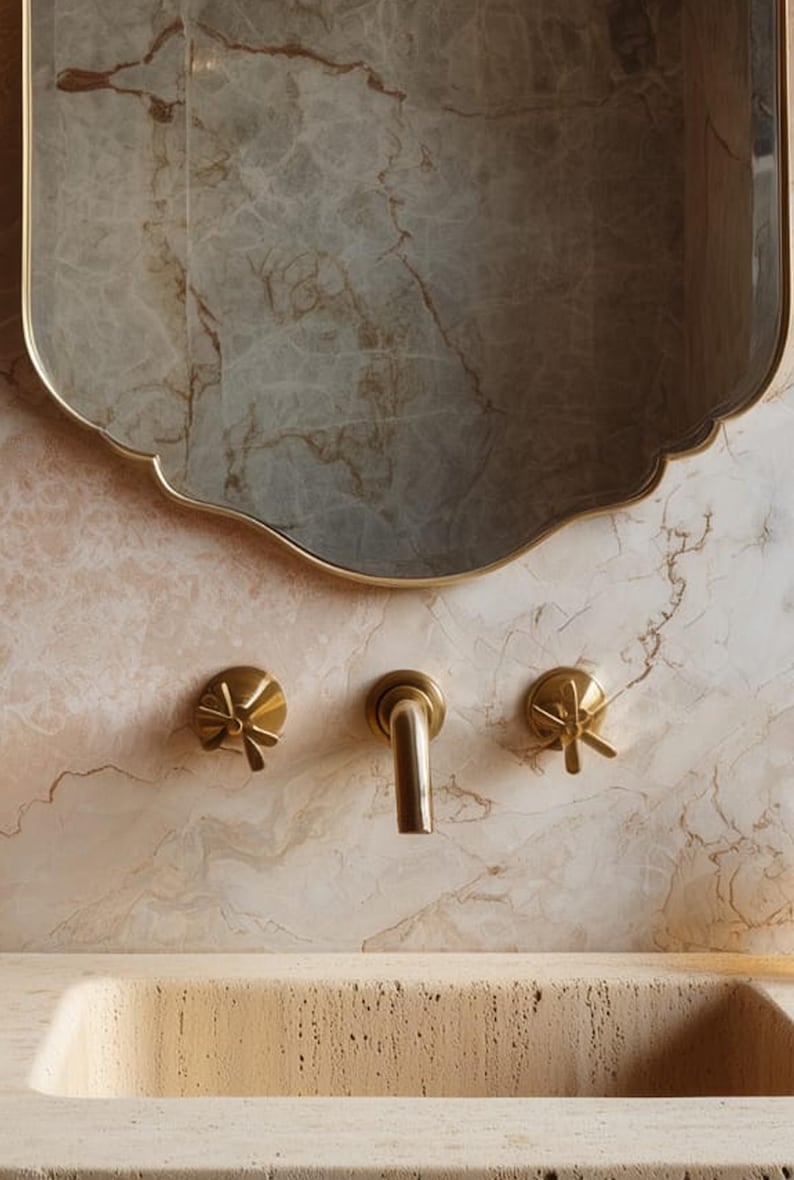 Luxury Scalloped Shield Mirror | Brass Bathroom Vanity Decor