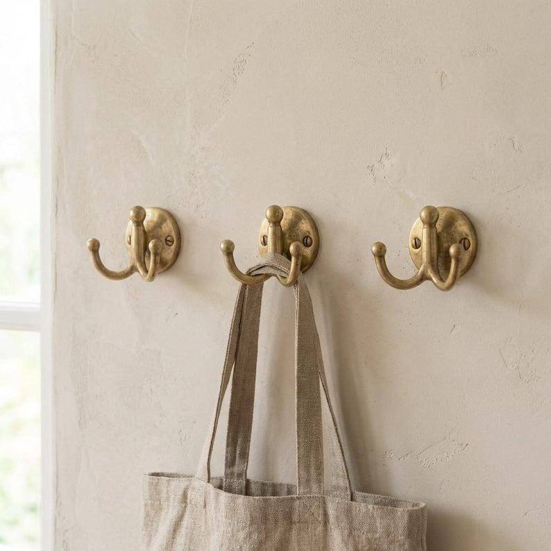 Unlacquered Brass Double Wall Hook – Solid Brass Coat & Towel Hook