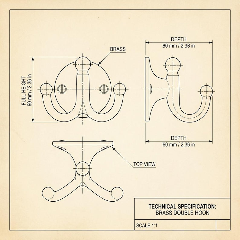 Unlacquered Brass Double Wall Hook – Solid Brass Coat & Towel Hook