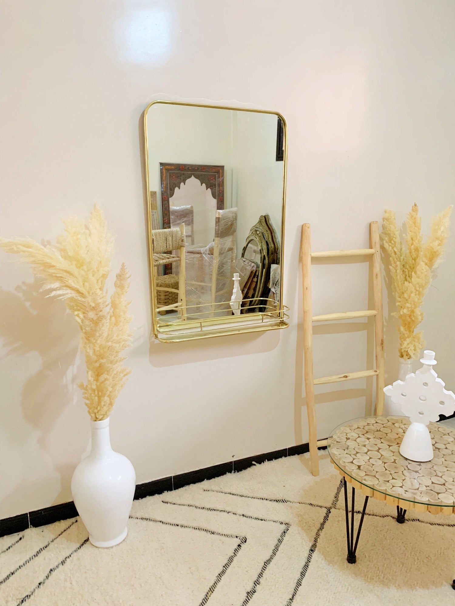Varaudu Brass Mirror With Shelf Wall Storage Bathroom 373252895 - Antique Brass Bathroom Mirror, Vanity Wall Decor