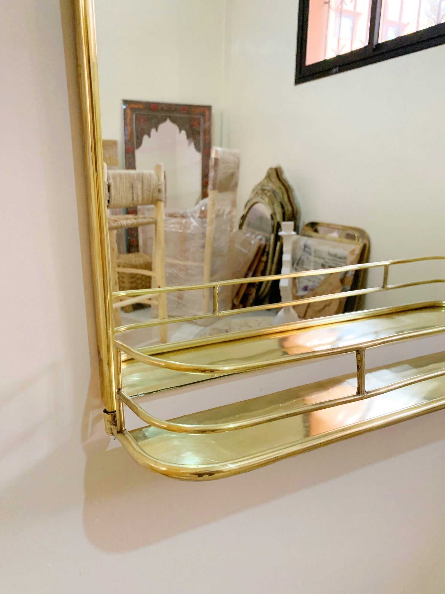 Varaudu Brass Mirror With Shelf Wall Storage Bathroom 373252895 - Antique Brass Bathroom Mirror, Vanity Wall Decor