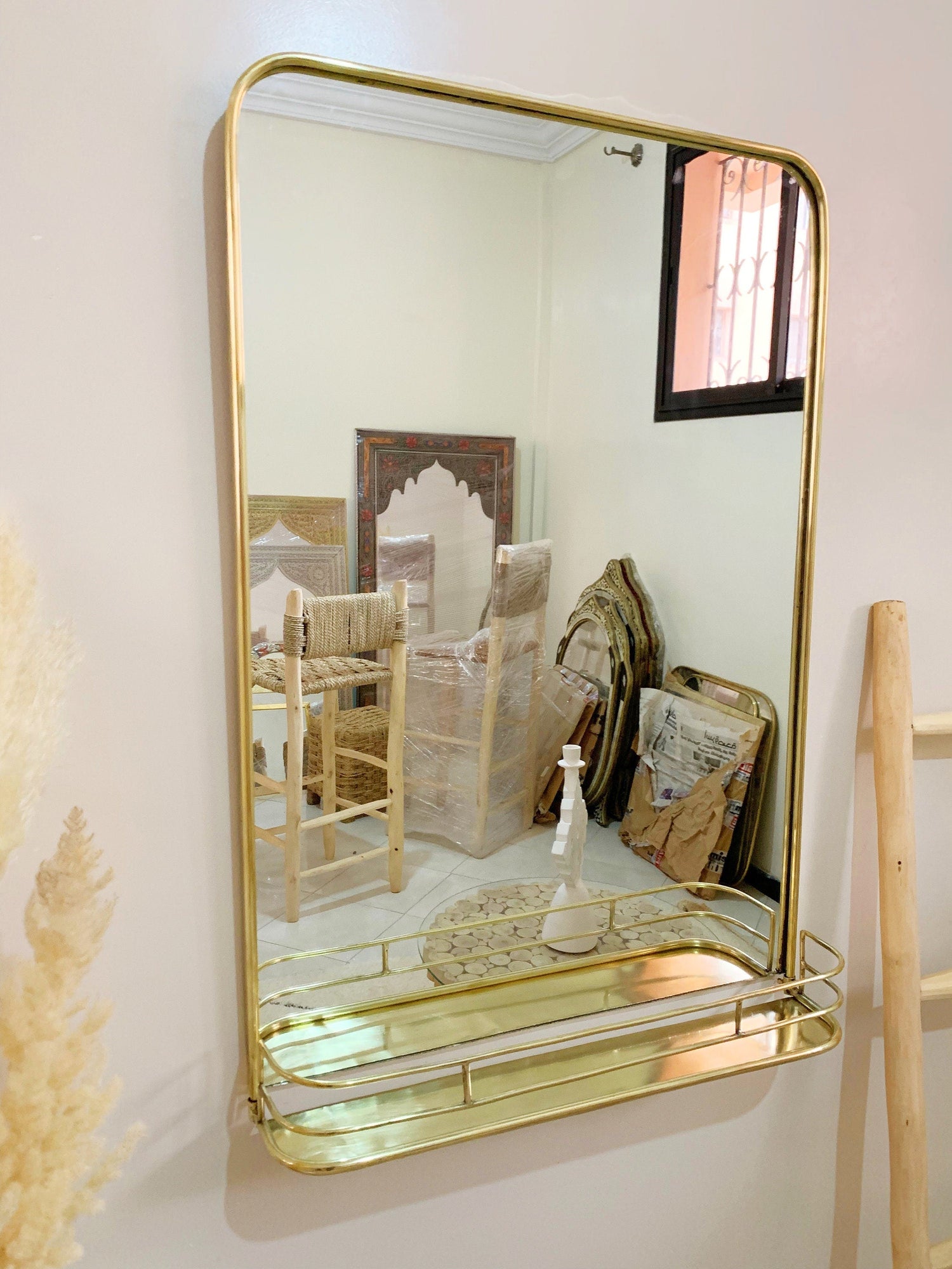 Varaudu Brass Mirror With Shelf Wall Storage Bathroom 373252895 - Antique Brass Bathroom Mirror, Vanity Wall Decor