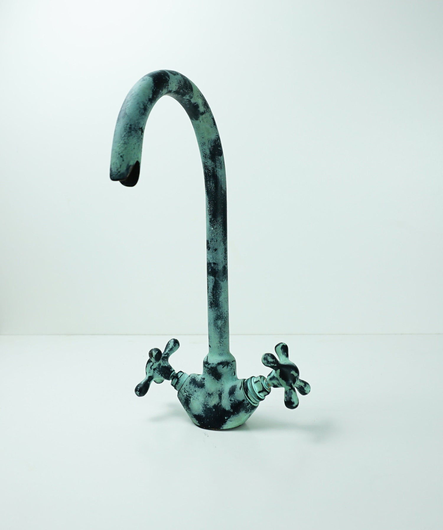 Gooseneck Bathroom Vanity Green Patina Brass Faucet, Vintage Brass Green Patina Bathroom Sink Faucet
