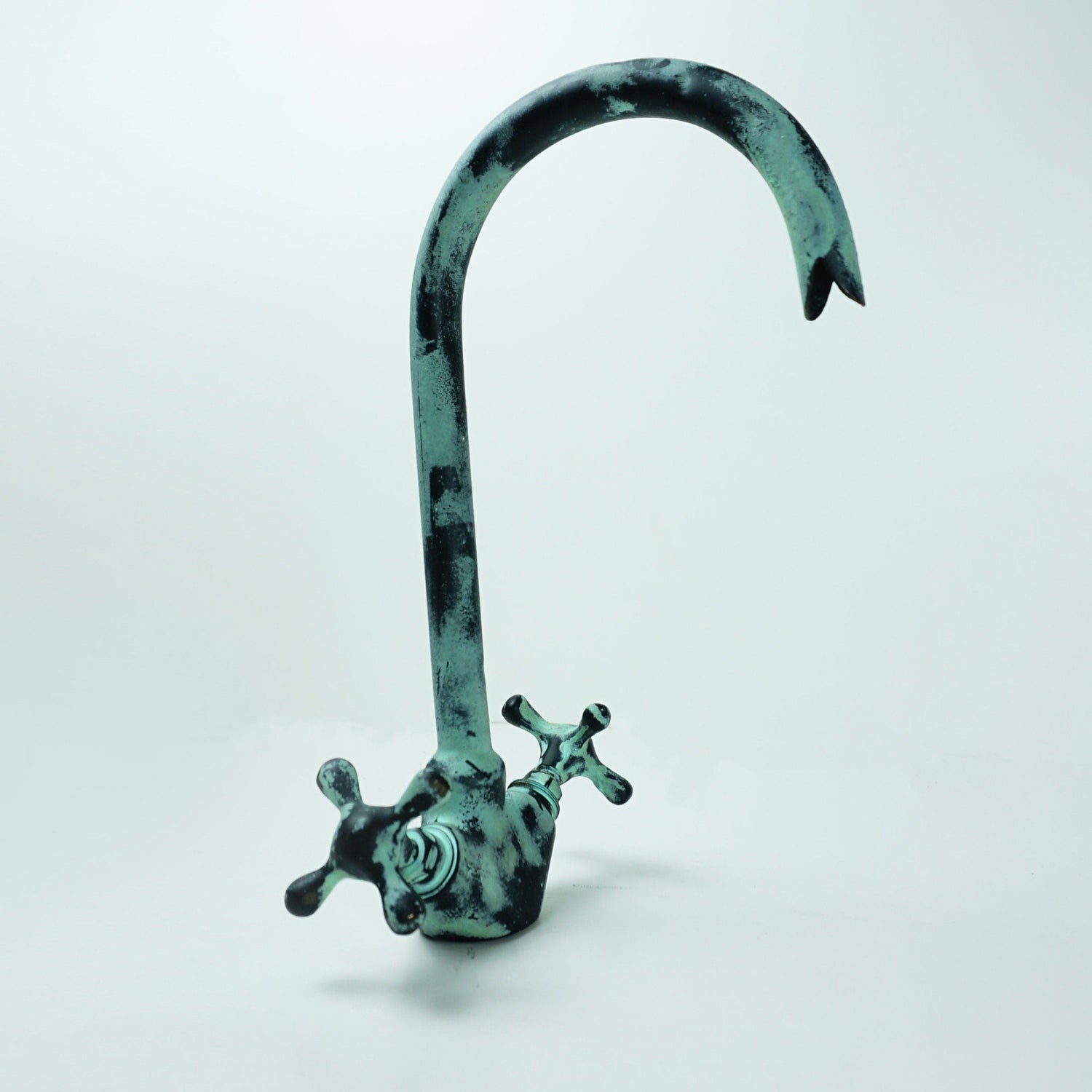 Gooseneck Bathroom Vanity Green Patina Brass Faucet, Vintage Brass Green Patina Bathroom Sink Faucet